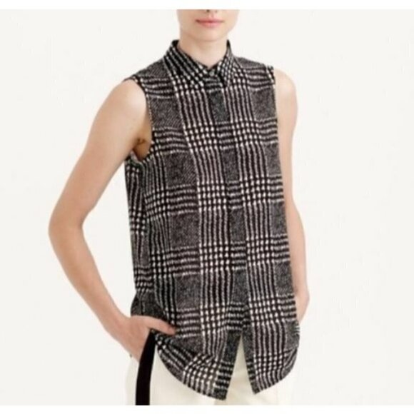 J Crew Top Womens 2 Graphic Plaid Sleeveless Button Up Tunic Black Blouse Tunic - Picture 1 of 9